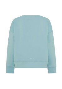 Felpa azzurra chiara con maniche lunghe, collo a giro e polsini a coste. Presenta un orlo dritto e una cucitura bianca minimalista sul retro.
