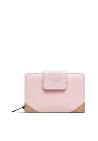 Pink leather wallet with a textured cork accent, featuring a snap closure and embossed logo. Compact shape with rounded edges.