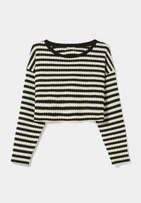 Pull court rayé noir et crème avec manches longues, texture côtelée et encolure arrondie. Présente un design épaules dénudées.
