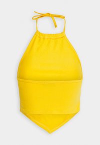 Yellow halter neck crop top with tie closure and banded midsection, made from smooth, stretchy fabric.