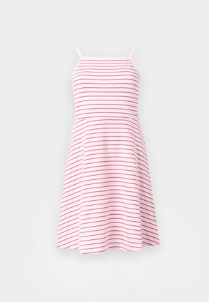 Fehér színű, rózsaszín vízszintes csíkos pántos ruha, testhez simuló felsőrésszel, bővülő szoknyával, puha anyagból készült. Állítható vékony pántokkal.