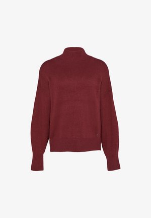 Bordowy sweter z wysokim kołnierzem, długimi rękawami i prążkowanymi mankietami. Wykonany z miękkiego dzianinowego materiału, o luźnym, pudełkowym kroju. Mały detal z logo.