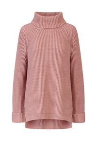 Helle rosa gestrickter Pullover mit einem hohen gerippten Kragen, langen Ärmeln und einer leicht übergroßen Passform. Verfügt über ein strukturiertes Muster und umgeschlagene Ärmelsäume.
