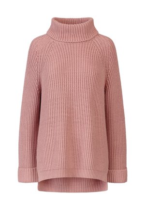 Jasnoróżowy sweter z dzianiny z wysokim prążkowanym dekoltem, długimi rękawami i lekko oversize'owym krojem. Posiada teksturowany wzór i zawinięte mankiety.