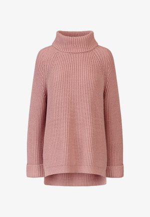 Pull en tricot rose clair avec un col haut à côtes, des manches longues et une coupe légèrement oversize. Présente un motif texturé et des poignets roulés.