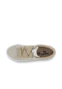 Beige sneaker with canvas and synthetic upper, round toe, textured surface, lace closure, and white rubber outsole. Kaporal logo inside.