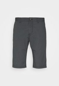 Pantalones cortos grises de longitud a la rodilla con pequeños puntos texturizados, cierre de botón y cinturilla cosida. Fabricados con tela ligera.