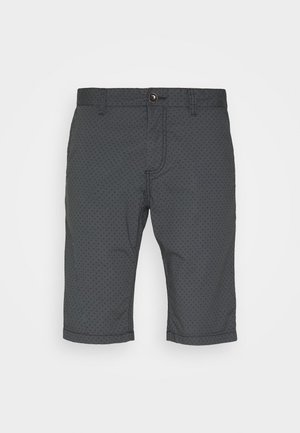 Graue knielange Shorts mit kleinen strukturierten Punkten, Knopfverschluss und gesticktem Taillenbund. Hergestellt aus leichtem Stoff.