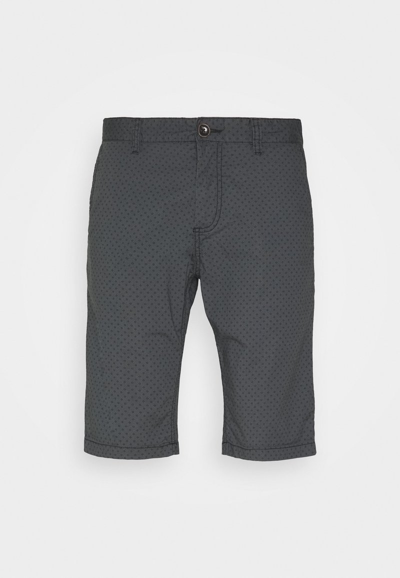 Pantalones cortos grises de longitud a la rodilla con pequeños puntos texturizados, cierre de botón y cinturilla cosida. Fabricados con tela ligera.