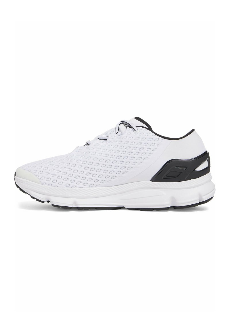 White athletic shoe with a mesh upper, textured overlays, black accents, cushioned sole, and laces. Side view displaying sleek design.