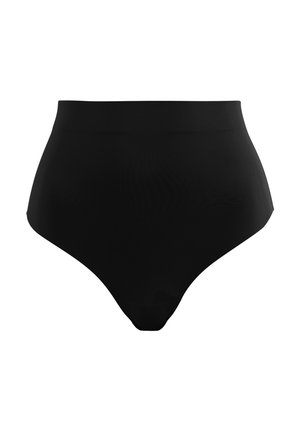 Hooggewaisted zwarte slipjes gemaakt van glad, rekbaar materiaal met een naadloos ontwerp en geen zichtbare stiksels. Klassieke vorm en effen kleur.