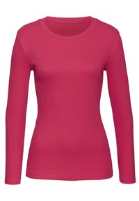 Langärmliges Oberteil in leuchtendem Pink, aus geripptem Stoff gefertigt. Verfügt über einen runden Ausschnitt und eine taillierte Passform, mit glatter Textur.