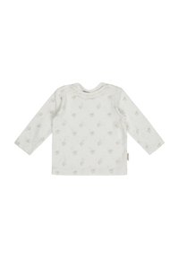 Langärmliges Hemd aus weißer Baumwolle mit zarten Blumenmustern, rundem Ausschnitt und Druckknöpfen an der Schulter für einfaches An- und Ausziehen.