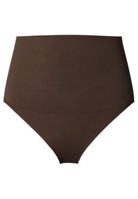 Hoge taille, naadloze, bruine geribbelde onderbroek met een brede, soepele tailleband, ontworpen voor comfort en ondersteuning.