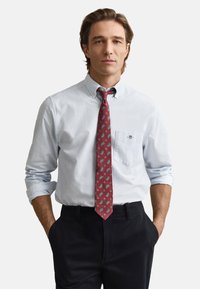 Šviesiai mėlyna marškiniai su dryželiais ir užsegami mygtukais, derinami su raudonu paisley rašto kaklaraiščiu. Tamsios kelnės, matomos marškinių kišenės, laisvai pritaikyti rankogaliai.