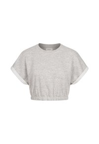 Gray cropped t-shirt made of soft fabric, featuring a round neckline, slouchy short sleeves, and a gathered elastic waistband.