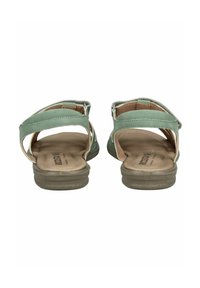 Grüne Leder-Sandalen mit zwei verstellbaren Riemen, offener Ferse und gepolstertem Fußbett. Flache Gummisohle mit leichtem Absatz für Komfort.