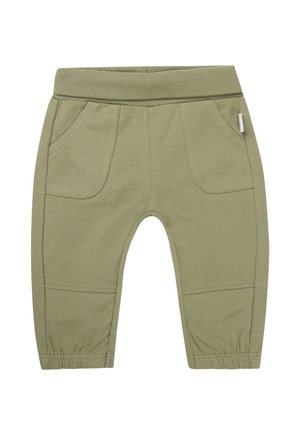 Oliwkowe spodnie dla malucha z elastycznym pasem, dwoma przednimi kieszeniami, przeszyciami na kolanach i elastycznymi mankietami przy nogawkach.