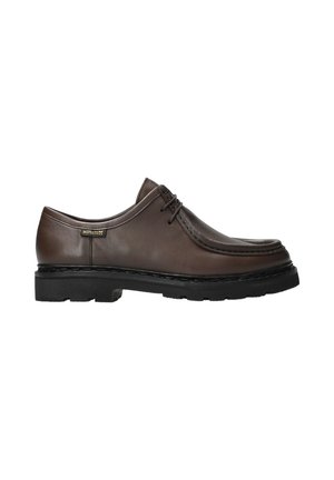 Chaussures habillées en cuir marron avec un bout rond, des détails brodés et une semelle en caoutchouc noir, dotées de quatre œillets pour les lacets.