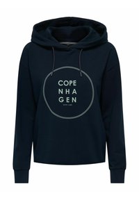 Felpa con cappuccio blu navy realizzata in morbido tessuto, caratterizzata dalla scritta "COPENHAGEN" in verde chiaro all'interno di un design grafico circolare.