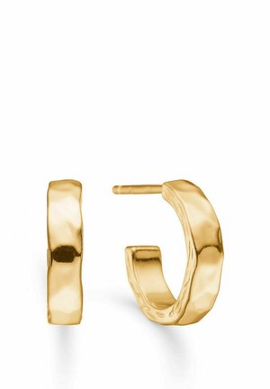 Øreringe i guldfarvet tone med hamret tekstur, der har et glat, buet design og åben bagside for nem påsætning.