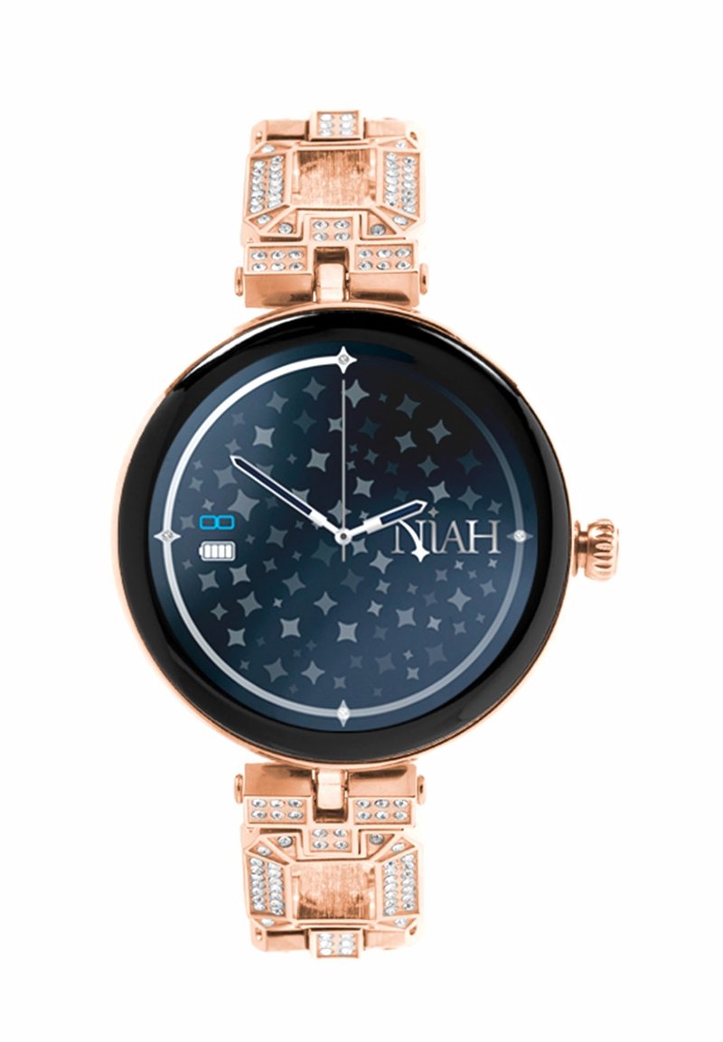 Orologio da polso in oro rosa con quadrante rotondo nero, motivo a stelle, accenti argentati e bracciale cristallino. Movimento al quarzo con display della data.