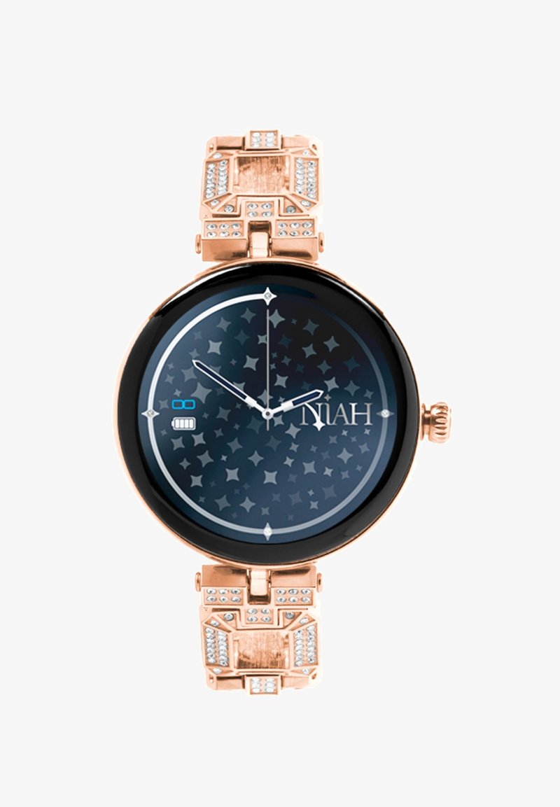 Orologio da polso in oro rosa con quadrante rotondo nero, motivo a stelle, accenti argentati e bracciale cristallino. Movimento al quarzo con display della data.