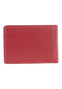 Portafoglio in pelle rossa con una texture liscia, design a libro bi-fold e cuciture a contrasto lungo i bordi. Forma rettangolare compatta.