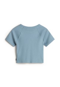 Krátký rukáv, světle modrý žebrovaný top s kulatým výstřihem a raglánovými rukávy. Hladká textura a minimalistický design, vhodné pro volnočasové nošení.