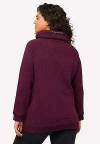 Pullover bordeaux con colletto alto e a doppio strato. Presenta maniche raglan, una vestibilità morbida e un tessuto texturizzato. Dettaglio con cordino visibile sul colletto.