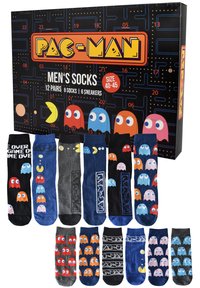Set di 12 paia di calzini da uomo con vari colori e motivi ispirati a Pac-Man, inclusi fantasmi, grafica del gioco e design testuali.