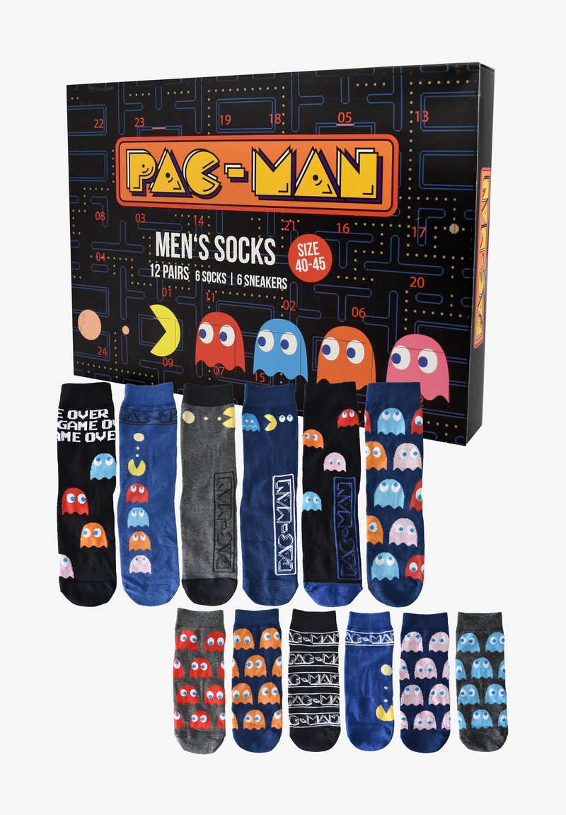 Set di 12 paia di calzini da uomo con vari colori e motivi ispirati a Pac-Man, inclusi fantasmi, grafica del gioco e design testuali.
