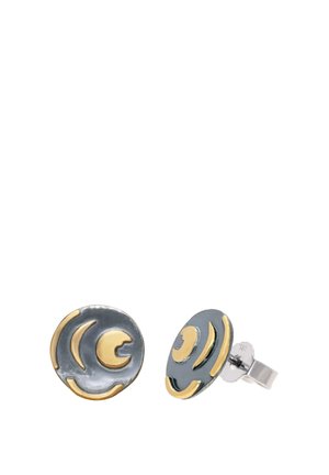 Round silver stud earrings with abstract gold crescent and curved line designs, shown from front and side angles.