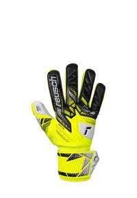 Torwarthandschuh in leuchtendem Gelb mit schwarzen und silbernen Akzenten. Verfügt über einen strukturierten Griff, flexibles Design und verstärkte Handgelenksstütze.