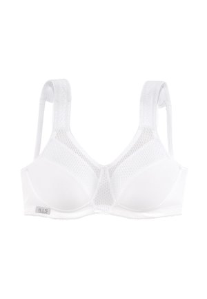 Sujeción blanca con paneles de malla, copas moldeadas y tirantes anchos ajustables. Presenta una textura suave y un parche con el logotipo en la banda.