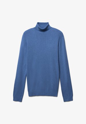 Pull à col roulé bleu en tissu doux. Il présente des manches longues, un col et des poignets côtelés, ainsi qu'une texture lisse. Aucun motif ni accessoire.