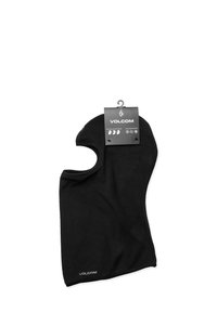 Balaclava en polaire noir avec une ouverture ronde pour le visage et une étiquette de logo avec des symboles d'entretien. Texture douce et design chaud pour les temps froids.