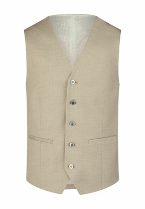 Beige ärmellose Weste mit V-Ausschnitt, fünf Knöpfen vorne und zwei Taschen. Strukturiertes Material mit gefüttertem Innenfutter im Muster.