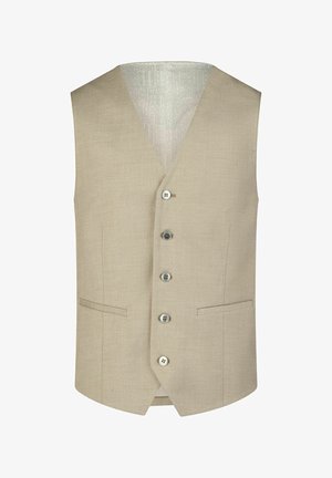 Beige ärmellose Weste mit V-Ausschnitt, fünf Knöpfen vorne und zwei Taschen. Strukturiertes Material mit gefüttertem Innenfutter im Muster.