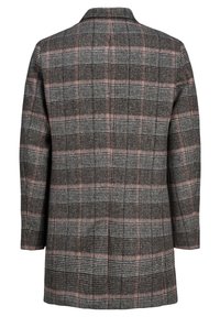 Vista posteriore di un lungo cappotto a quadri in tonalità grigio scuro, nero e rosa chiaro, caratterizzato da un colletto e un design a taglio dritto con tessuto testurizzato.