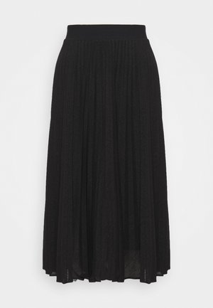 Falda midi negra plisada con cintura elástica y textura sutilmente brillante, mostrada sobre un fondo blanco liso.