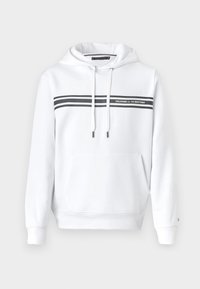 Felpa bianca con cappuccio, coulisse, tasca frontale e una striscia nera con la scritta "HILFIGER Est. 1985 NEW YORK" sul petto.