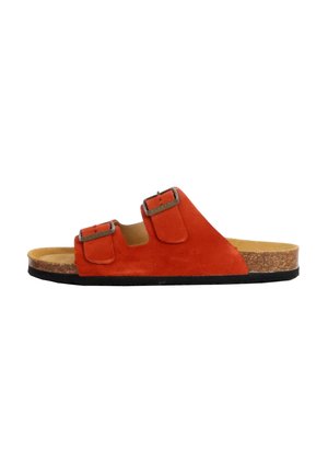 Orange suede slide sandals with two adjustable straps, a cork midsole, and a flat black rubber outsole.