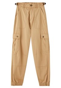 Pantalons cargo beiges à taille haute, avec de grandes poches latérales, des poignets élastiques et une ceinture pour un ajustement réglable. Fabriqués en tissu durable.