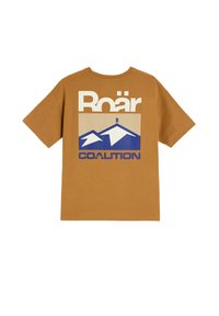Brązowa bawełniana koszulka z krótkim rękawem, z odważnym wzorem graficznym w kolorze kremowym i niebieskim, z napisem "Roär" i "COALITION."