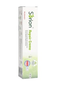 Sørion Repair Crème in a white and green box, featuring a geometric pattern and various icons, with 60 ml capacity and blue certifications.