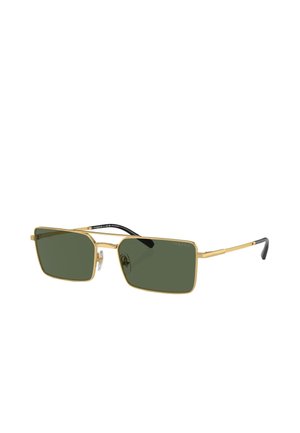 Occhiali da sole in metallo con forma rettangolare, montatura dorata, lenti verdi e dettagli neri sulle tempie. Design minimalista e nose pads trasparenti.