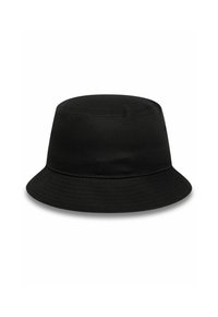Cappello a secchiello nero realizzato in tessuto con una morbida texture. Presenta una visiera ampia e flessibile e una parte superiore rotonda con dettagli cuciti.