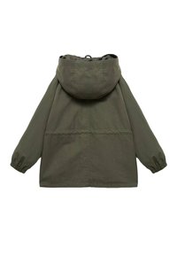 Olivově zelená bunda s kapucí, dlouhými rukávy, staženými manžetami a jednoduchým designem. Vyrobena z lehké látky s hladkým povrchem.