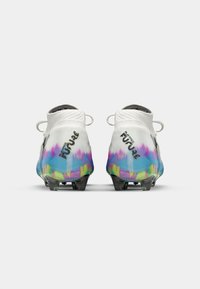 White soccer cleats with a colorful ombre design blending blue, pink, and purple, featuring black accents and a textured upper.